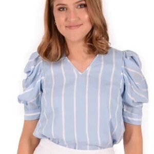 Emily McCarthy Blue Striped Puff Sleeve Blouse